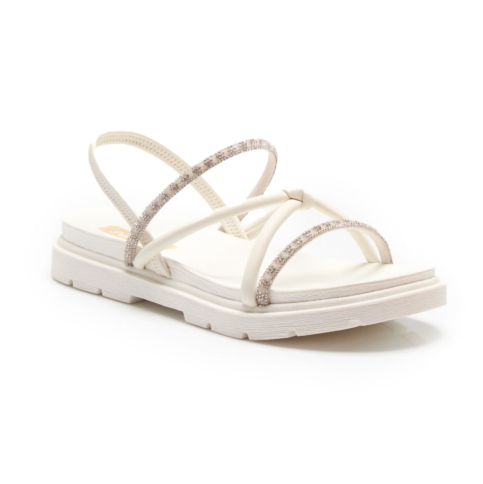Sandália juvenil Pink Cats Off White vista frontal com tiras e strass